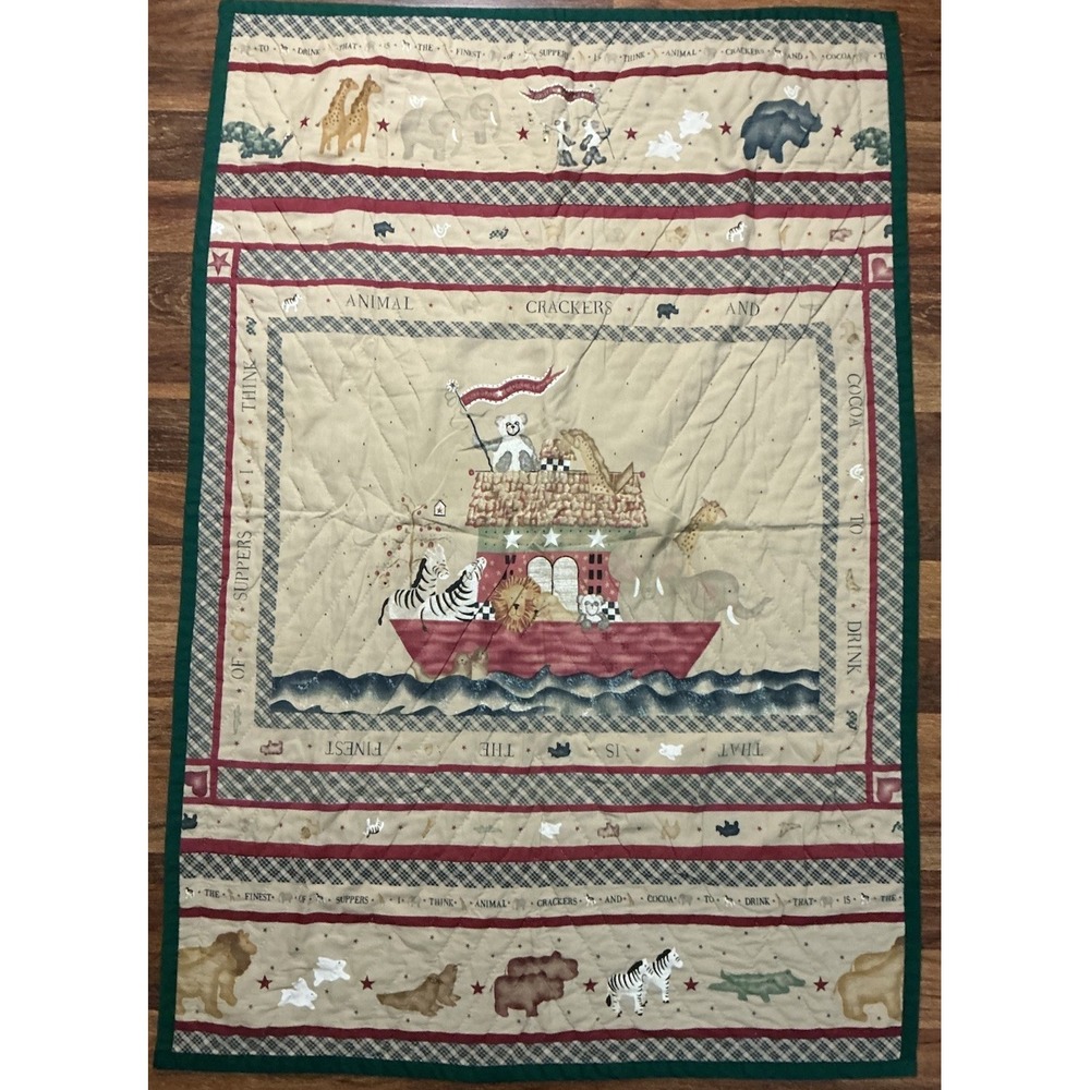 Handmade NOAH'S ARK Themed Baby Crib Quilt Embroidered Animals 54in X 37in